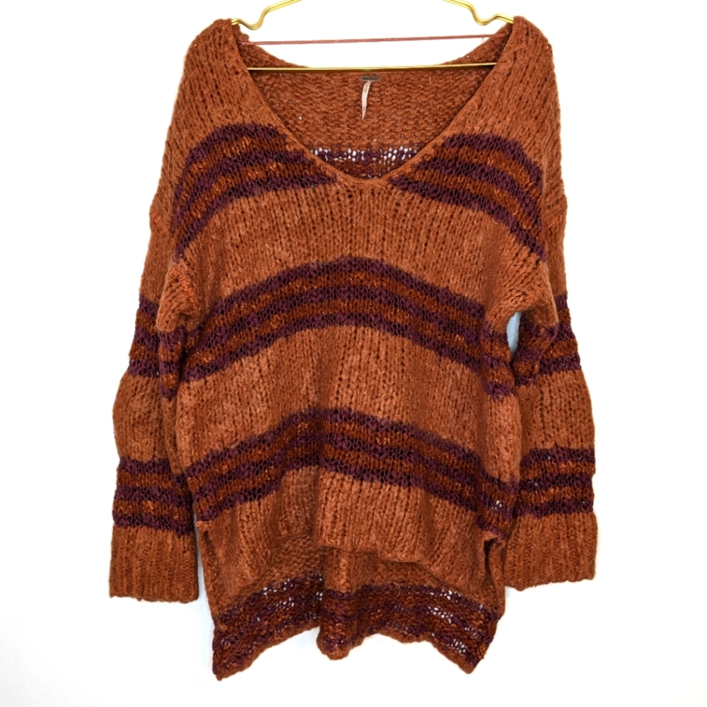 Free People Medium Burnt Orange & Wine Red Oversize Chunky Knit High Low Sweater